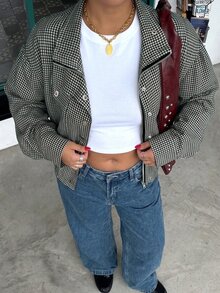 Muchica 白色大尺碼女款格紋單排扣長袖夾克，秋季辦公室外穿正式休閒 1920 年代復古街頭風 - 深灰色 - 查看 5