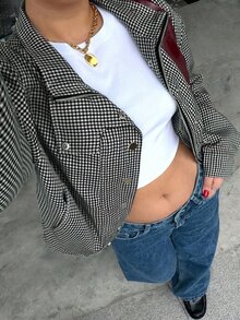 Muchica 白色大尺碼女款格紋單排扣長袖夾克，秋季辦公室外穿正式休閒 1920 年代復古街頭風 - 深灰色 - 查看 1