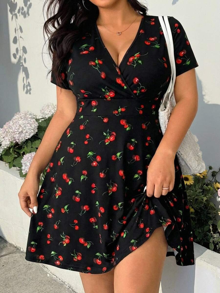 GalTyme Plus Size Women's Casual Cute Cherry Print Dress, Spring/Summer Vacation Black
