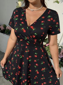 GalTyme Plus Size Women's Casual Cute Cherry Print Dress, Spring/Summer Vacation Black - Multicolor - View 6