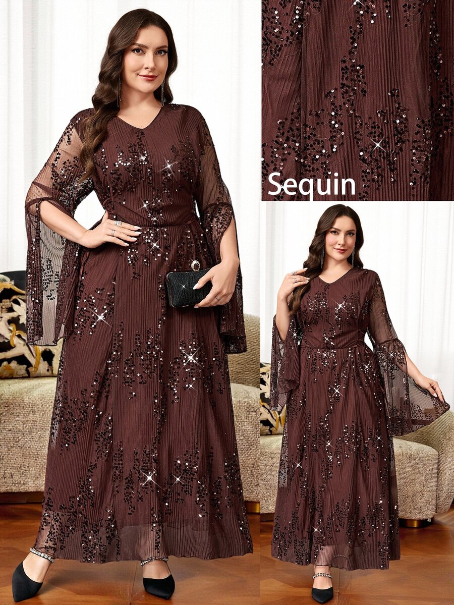 Reflora Plus Size Women's Lace Patchwork Elegant Formal Sexy Waist-Cinching Party Evening Dinner Cocktail Dress Fall Wedding Chocolate Brown