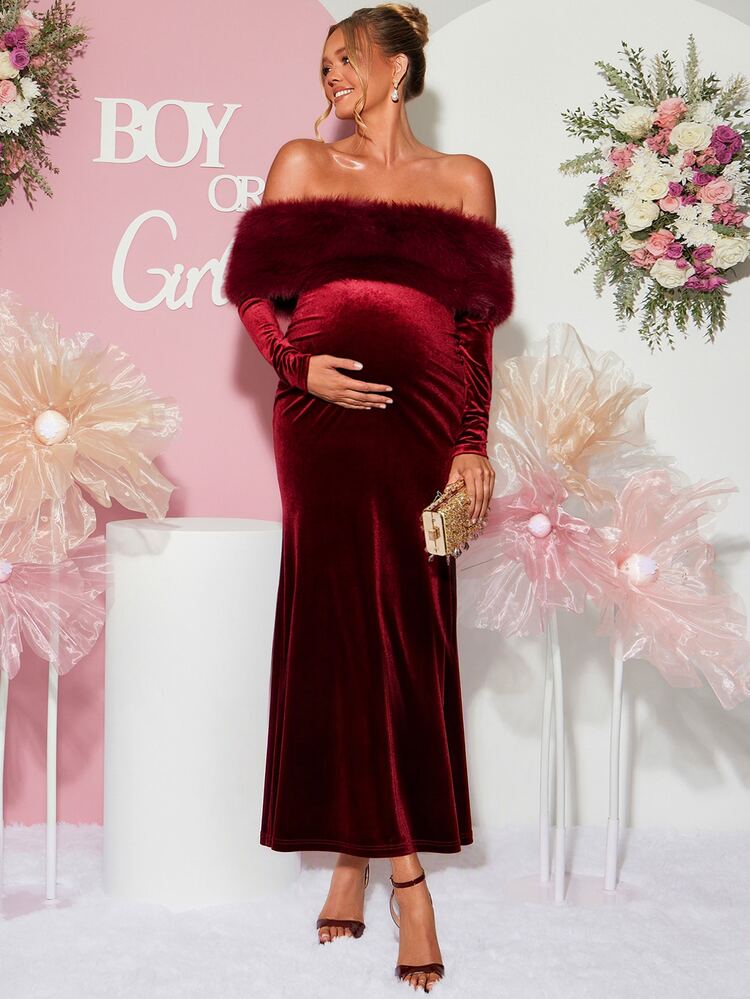 Loomaby Maternity Solid Color Patchwork Fur Off-Shoulder Long Sleeve Elegant Dress Fall - Burgundy - View 3