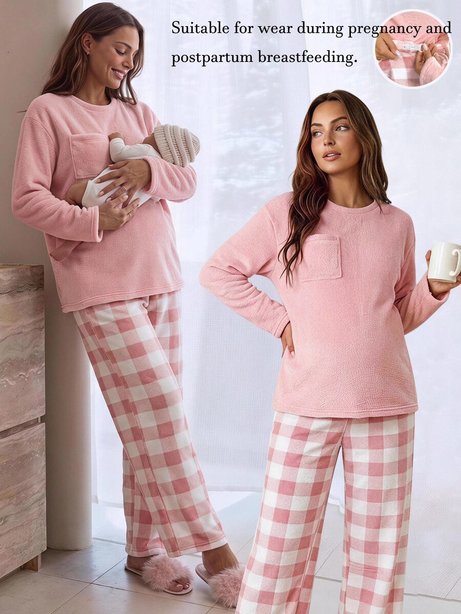 Slowluna Maternity Solid Color Drop Shoulder Long Sleeve Pocket Top And Adjustable Waist Plaid Pants 2 Pieces Set Autumn Photoshoot Pink Cute Casual - Pink - View 1