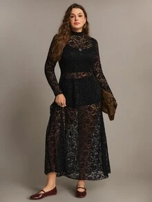Freevana 大尺碼女款立領長袖蕾絲優雅連身裙 秋季 - 黑色 - 查看 4