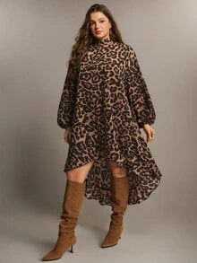 Freevana Leopard Print High-Low Turtleneck Dress With Balloon Sleeves And Ruffled Hem, Chic Street-To-Party Fall - Brown - View 4