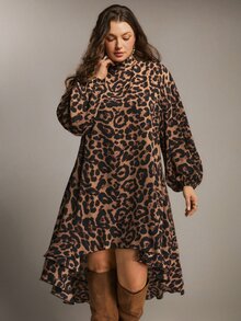 Freevana Leopard Print High-Low Turtleneck Dress With Balloon Sleeves And Ruffled Hem, Chic Street-To-Party Fall - Brown - View 6