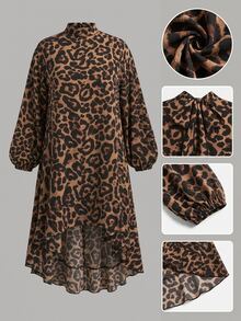 Freevana Leopard Print High-Low Turtleneck Dress With Balloon Sleeves And Ruffled Hem, Chic Street-To-Party Fall - Brown - View 9