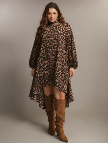 Freevana Leopard Print High-Low Turtleneck Dress With Balloon Sleeves And Ruffled Hem, Chic Street-To-Party Fall - Brown - View 5