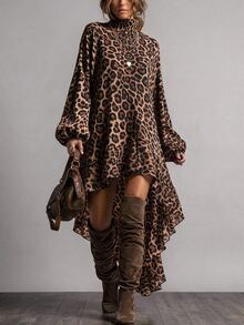 Freevana Leopard Print High-Low Turtleneck Dress With Balloon Sleeves And Ruffled Hem, Chic Street-To-Party Fall - Brown - View 1