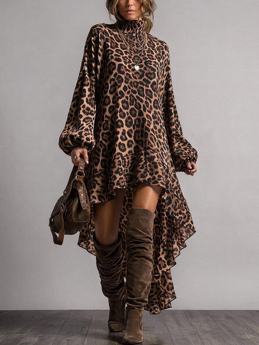 Freevana Leopard Print High-Low Turtleneck Dress With Balloon Sleeves And Ruffled Hem, Chic Street-To-Party Fall - Brown - View 1
