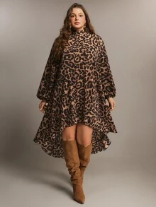 Freevana Leopard Print High-Low Turtleneck Dress With Balloon Sleeves And Ruffled Hem, Chic Street-To-Party Fall - Brown - View 3