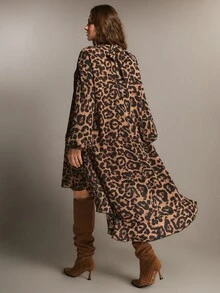 Freevana Leopard Print High-Low Turtleneck Dress With Balloon Sleeves And Ruffled Hem, Chic Street-To-Party Fall - Brown - View 2