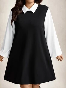 Comfylo 大尺碼女款秋季優雅休閒黑白拼接袖襯衫領長袖洋裝，適合辦公正式場合、返校季與教師節 - 黑與白 - 查看 5
