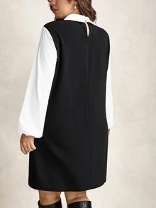 Comfylo 大尺碼女款秋季優雅休閒黑白拼接袖襯衫領長袖洋裝，適合辦公正式場合、返校季與教師節 - 黑與白 - 查看 6