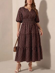 Comfylo Women's Plus Size Notch V-Neck Mid-Sleeve Brown Maxi Dress High Tea Formal Beach Brunch Party Fall 2000s 90s Casual 1920 Vintage Elegant Traditional - Brown - View 6