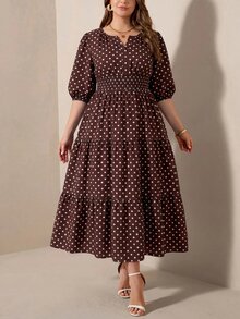 Comfylo Women's Plus Size Notch V-Neck Mid-Sleeve Brown Maxi Dress High Tea Formal Beach Brunch Party Fall 2000s 90s Casual 1920 Vintage Elegant Traditional - Brown - View 7