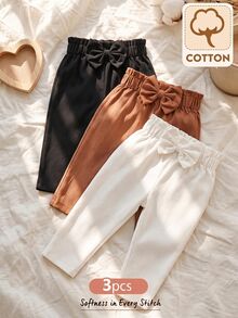 SHEIN Vintaside Kids 女嬰春秋款高級純色3D蝴蝶結直筒褲3件套，適合日常外出與生日派對，白色、鐵鏽色、黑色，優雅風格 - 彩色 - 查看 2