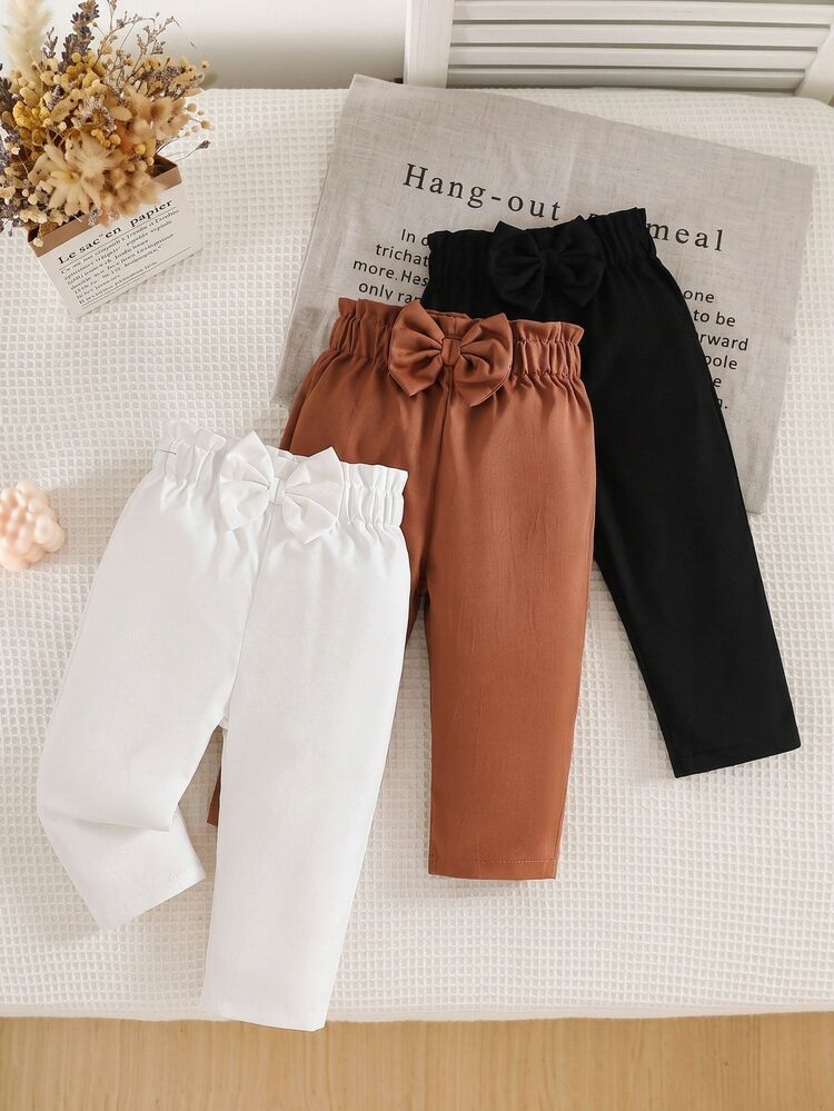 SHEIN Vintaside Kids Baby Girls' Spring/Autumn Premium Solid Color 3D Bow Straight Leg Pants 3pcs Set Suitable For Daily Outings Birthday Party White Rust Black Elegant - Multicolor - View 3