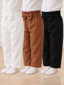 SHEIN Vintaside Kids 女嬰春秋款高級純色3D蝴蝶結直筒褲3件套，適合日常外出與生日派對，白色、鐵鏽色、黑色，優雅風格 - 彩色 - 查看 1
