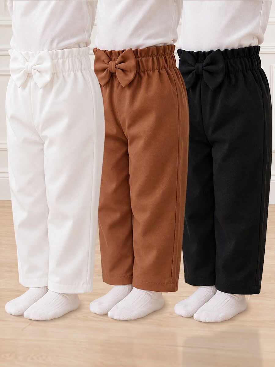 SHEIN Vintaside Kids 女嬰春秋款高級純色3D蝴蝶結直筒褲3件套,適合日常外出與生日派對,白色、鐵鏽色、黑色,優雅風格 - 彩色 - 查看 1