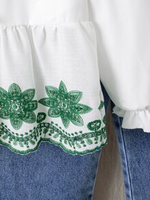 SHEIN 2件組女童春秋白色與藍色軟萌風薄款梭織棉套裝，海軍藍蝴蝶結鏤空刺繡花朵泡泡袖娃娃上衣，水洗牛仔寬鬆寬腿褲，適合上學、通勤、戶外、生日拍照、日常穿著 - 彩色 - 查看 6