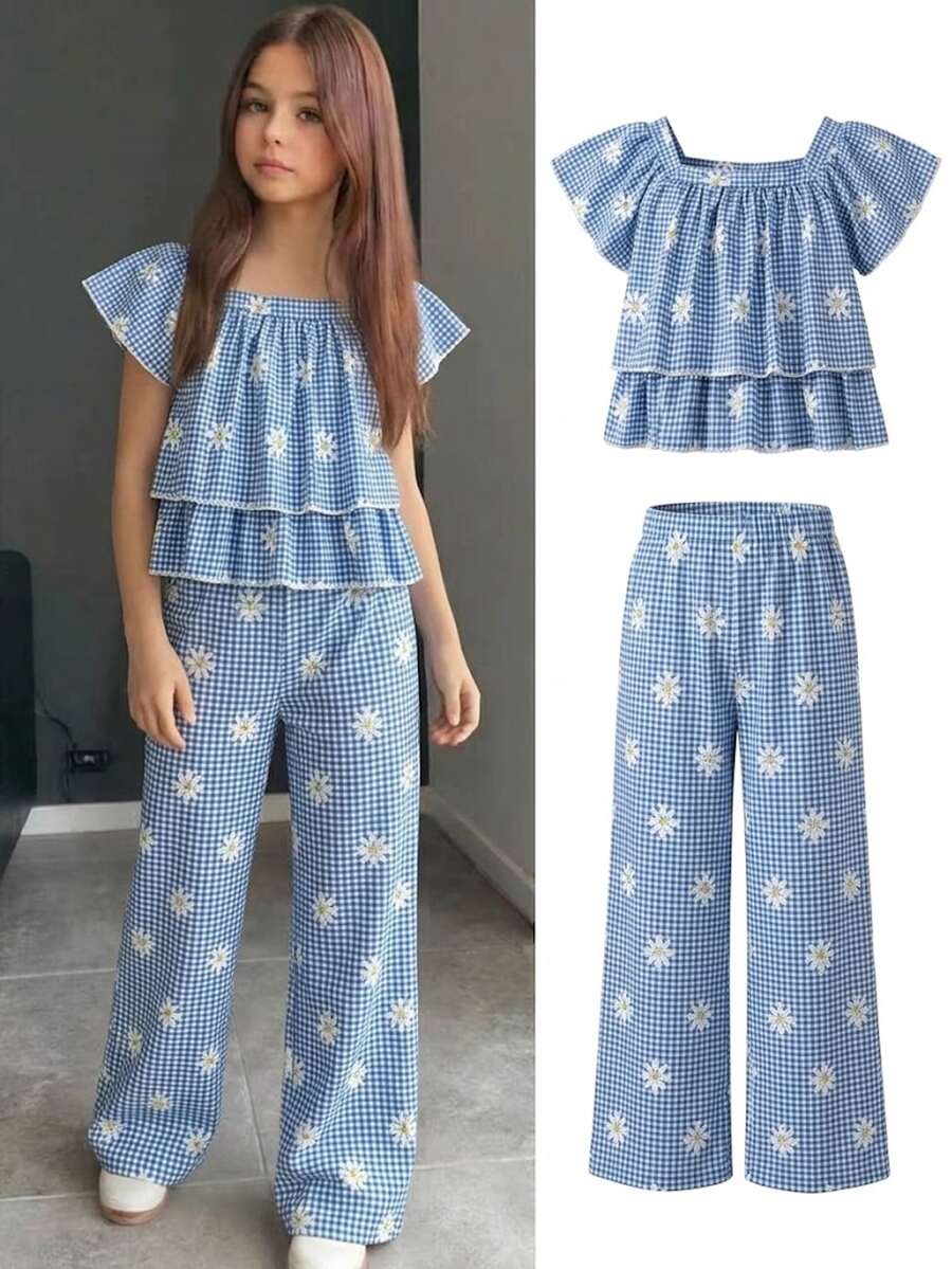 SHEIN 2件組少女甜美雛菊花卉方領泡泡袖上衣 + 寬腿褲 夏季家庭度假假日復古套裝 - 藍色 - 查看 1