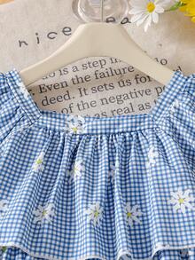 SHEIN 2件組少女甜美雛菊花卉方領泡泡袖上衣 + 寬腿褲 夏季家庭度假假日復古套裝 - 藍色 - 查看 7