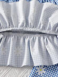 SHEIN 2件組少女甜美雛菊花卉方領泡泡袖上衣 + 寬腿褲 夏季家庭度假假日復古套裝 - 藍色 - 查看 9