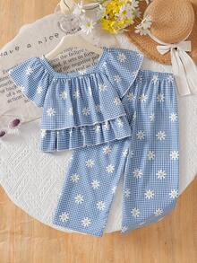 SHEIN 2件組少女甜美雛菊花卉方領泡泡袖上衣 + 寬腿褲 夏季家庭度假假日復古套裝 - 藍色 - 查看 2