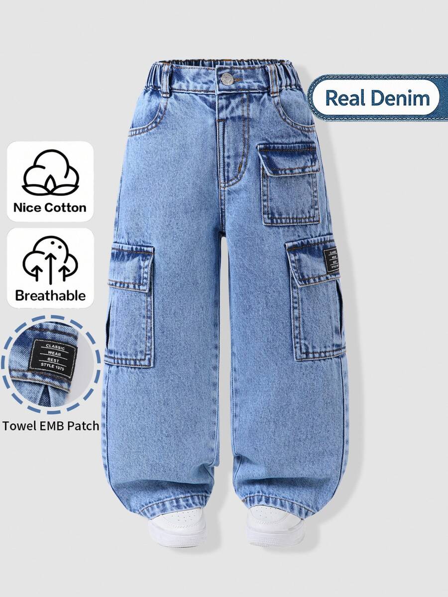 SHEIN Genkimix Kids 男童工裝牛仔長褲,四季百搭街頭復古風,嬰兒藍水洗色,側邊多口袋工裝設計,冬季款 - 中等水洗藍 - 查看 1