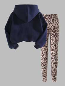 Tween Girls 2 Pcs Hoodie & Leggings Set, Navy Blue Velvet Leopard Print Star Print Long Sleeve, Fall Sets Outfit - Navy Blue - View 2