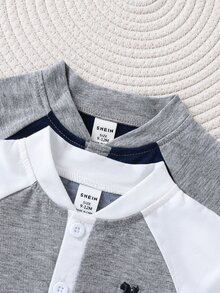SHEIN Baby Boys Graphic Smart Embroidered Contrast Color Raglan Long Sleeve T-Shirts Back-To-School Birthday Navy Blue Grey Autumn Family Matching - Multicolor - View 4