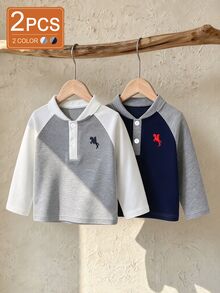 SHEIN Baby Boys Graphic Smart Embroidered Contrast Color Raglan Long Sleeve T-Shirts Back-To-School Birthday Navy Blue Grey Autumn Family Matching - Multicolor - View 3