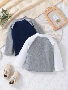 SHEIN Baby Boys Graphic Smart Embroidered Contrast Color Raglan Long Sleeve T-Shirts Back-To-School Birthday Navy Blue Grey Autumn Family Matching - Multicolor - View 2