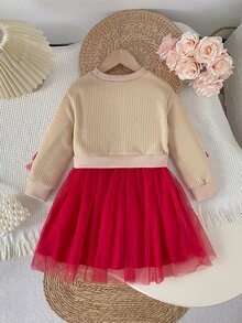 SHEIN 1件少女甜美優雅紅色卡其色蝴蝶結羅紋薄紗長袖圓領公主芭蕾舞裙派對禮服 秋冬節日款 - 紅白色 - 查看 2
