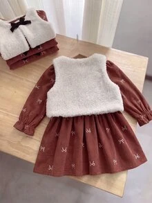 SHEIN 2件組女嬰幼兒燈芯絨連身裙背心，可愛棕色白色毛絨蝴蝶結刺繡長袖圓領加厚款，適合冬季秋季節日穿著 - 棕色 - 查看 2