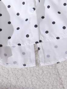 SHEIN Elladie kids 女童拼接黑白波點不對稱領長袖蝴蝶結裝飾襯衫褲套裝 嬰兒秋季 7歲生日 幼兒園 - 白色 - 查看 7