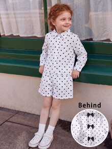 SHEIN Elladie kids 女童拼接黑白波點不對稱領長袖蝴蝶結裝飾襯衫褲套裝 嬰兒秋季 7歲生日 幼兒園 - 白色 - 查看 4