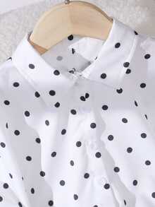 SHEIN Elladie kids 女童拼接黑白波點不對稱領長袖蝴蝶結裝飾襯衫褲套裝 嬰兒秋季 7歲生日 幼兒園 - 白色 - 查看 6