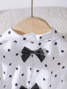 SHEIN Elladie kids 女童拼接黑白波點不對稱領長袖蝴蝶結裝飾襯衫褲套裝 嬰兒秋季 7歲生日 幼兒園 - 白色 - 查看 9