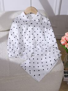SHEIN Elladie kids 女童拼接黑白波點不對稱領長袖蝴蝶結裝飾襯衫褲套裝 嬰兒秋季 7歲生日 幼兒園 - 白色 - 查看 8