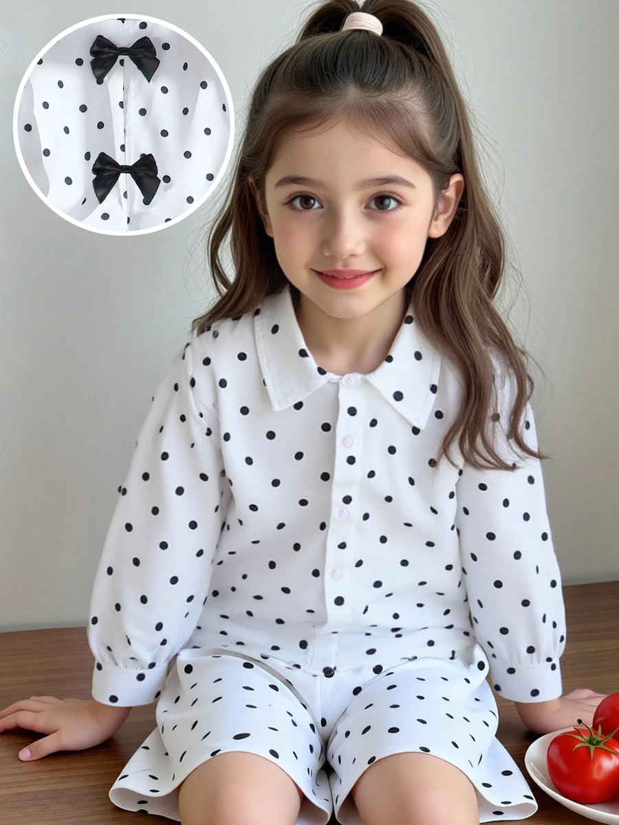 SHEIN Elladie kids 女童拼接黑白波點不對稱領長袖蝴蝶結裝飾襯衫褲套裝 嬰兒秋季 7歲生日 幼兒園