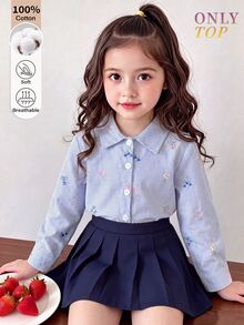 SHEIN 小女孩秋季學院風長袖襯衫，甜美刺繡條紋棉質上衣，柔軟透氣面料，適合日常穿著與戶外旅行 - 淺藍色 - 查看 9