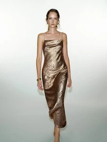 MOTF PREMIUM BACKLESS GLOSSY TEXTURED CRINKLED SATIN MERMAID HEM CAMI ELEGANT DRESS - Champagne - View 5