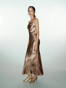 MOTF PREMIUM BACKLESS GLOSSY TEXTURED CRINKLED SATIN MERMAID HEM CAMI ELEGANT DRESS - Champagne - View 4