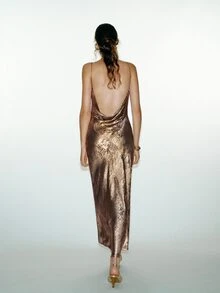 MOTF PREMIUM BACKLESS GLOSSY TEXTURED CRINKLED SATIN MERMAID HEM CAMI ELEGANT DRESS - Champagne - View 2