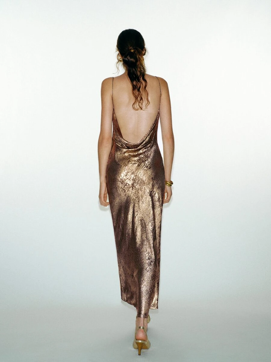 MOTF PREMIUM BACKLESS GLOSSY TEXTURED CRINKLED SATIN MERMAID HEM CAMI ELEGANT DRESS - Champagne - View 2