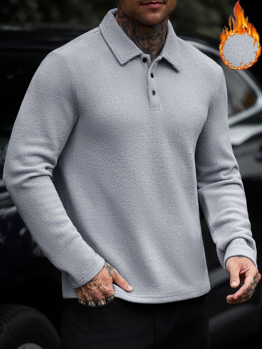 Manfinity CasualCool Men's Long Sleeve Solid Color Casual Mature Polo Shirt, Autumn/Winter - Grey - View 1