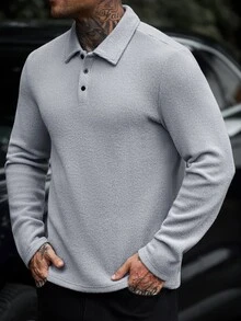 Manfinity CasualCool Men's Long Sleeve Solid Color Casual Mature Polo Shirt, Autumn/Winter - Grey - View 6