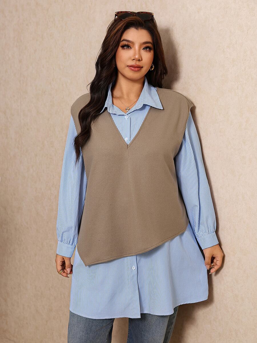 Elaquor Plus Size Striped Long Sleeve Dress And Solid Color Vest Casual 2 Pieces Set - Multicolor - View 1